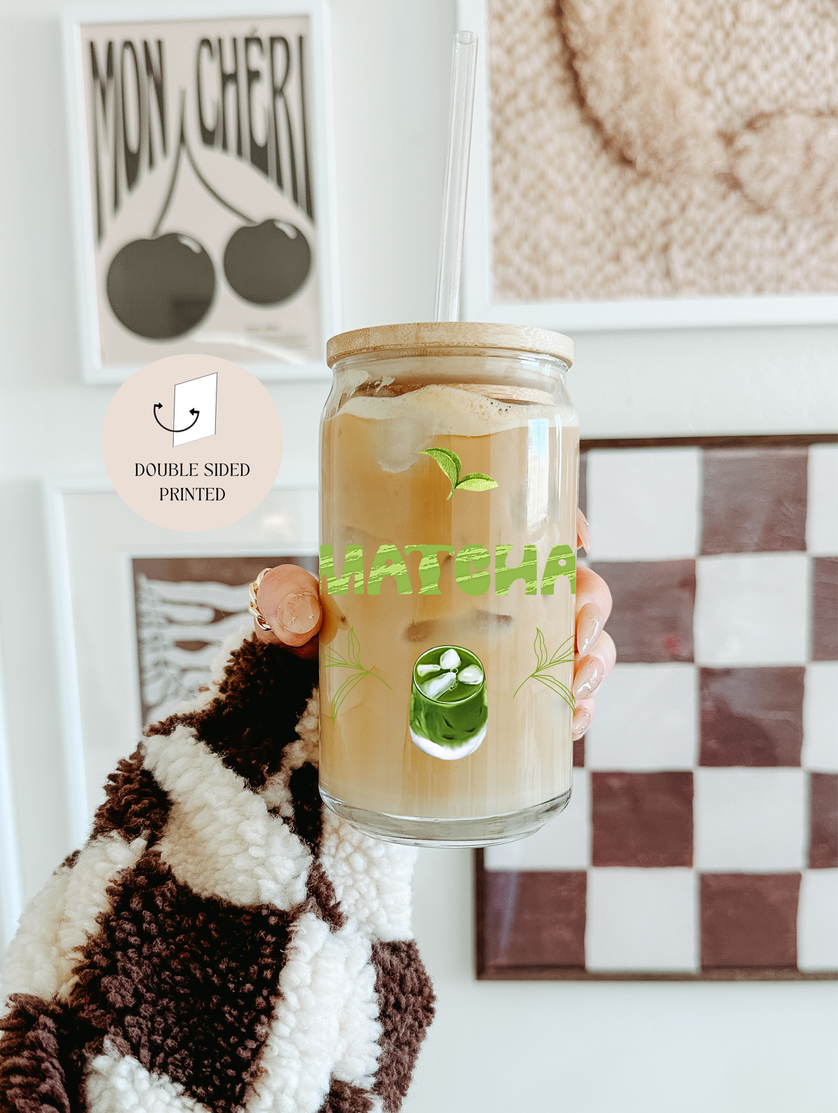 Matcha Glass Tumbler Double Sided Print with Lid and Straw
