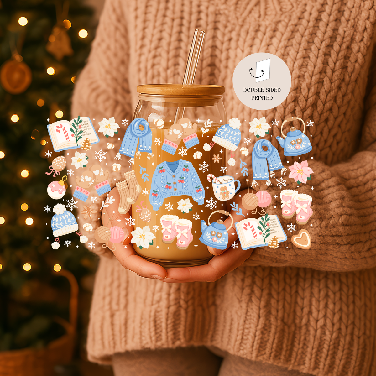 Cozy Winter Double Sided Glass Tumbler with Lid & Straw 3