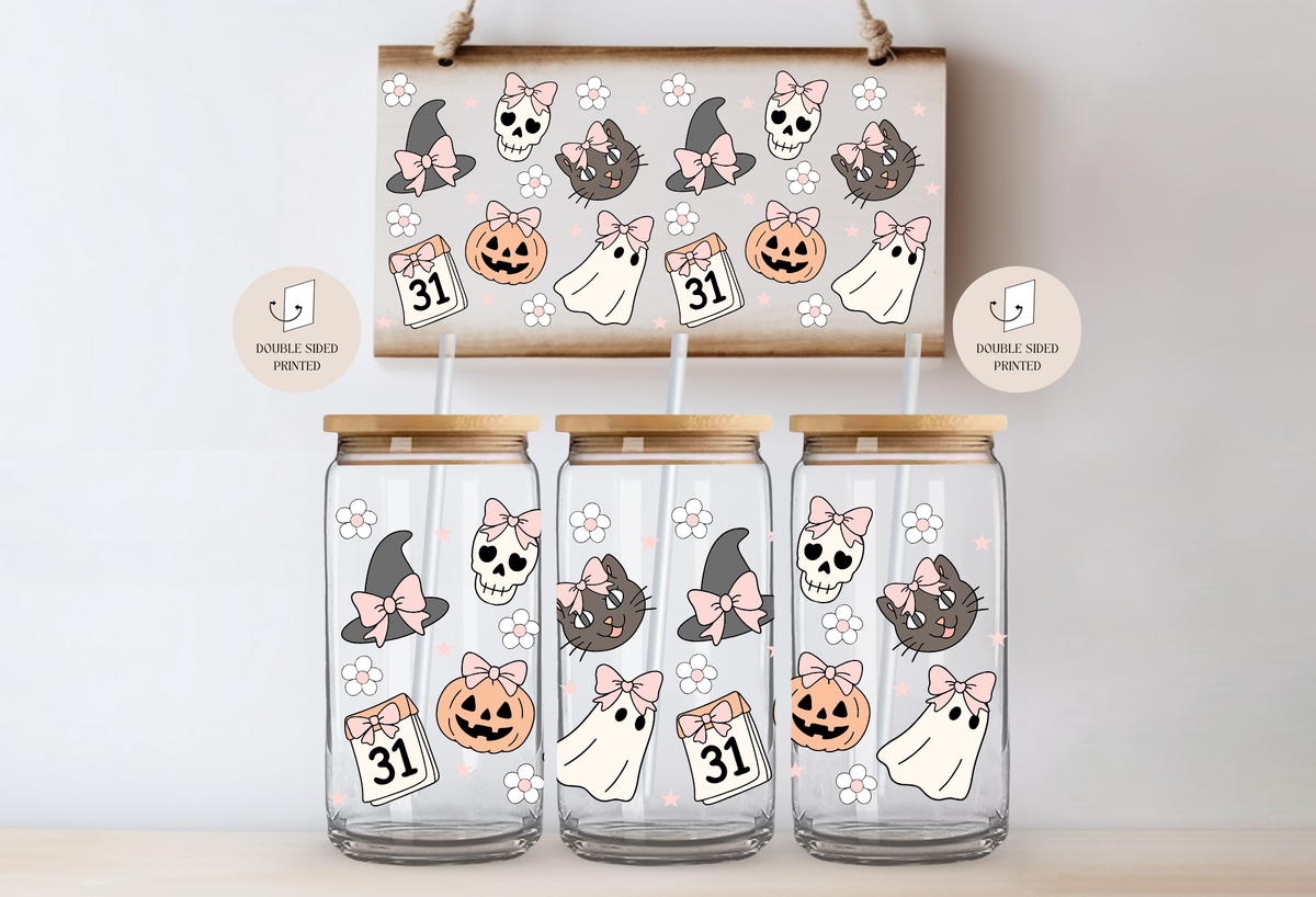 Cat & Ghosts Halloween Glass Cup Double-sided + Lid & Straw 8