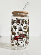 Books & Coffee Glass Tumbler Double Sided Print with Lid and Straw 2