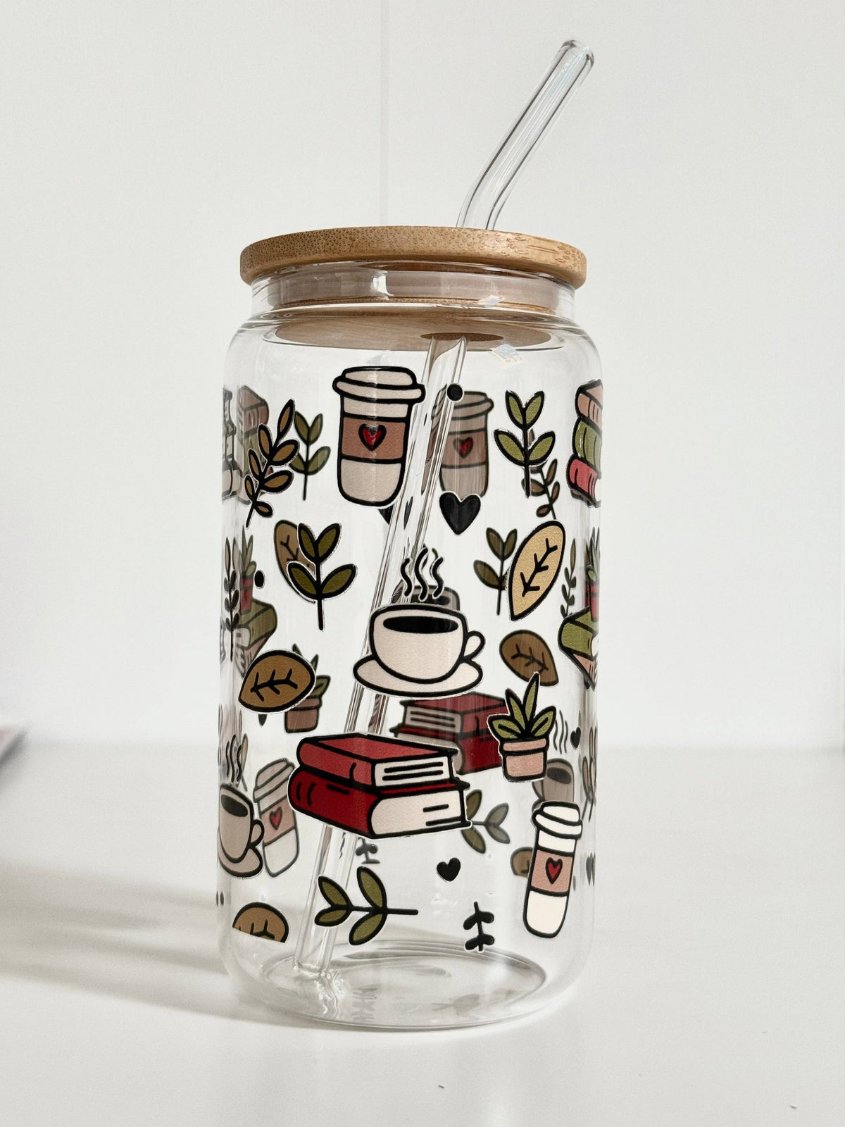 Books & Coffee Glass Tumbler Double Sided Print with Lid and Straw 2