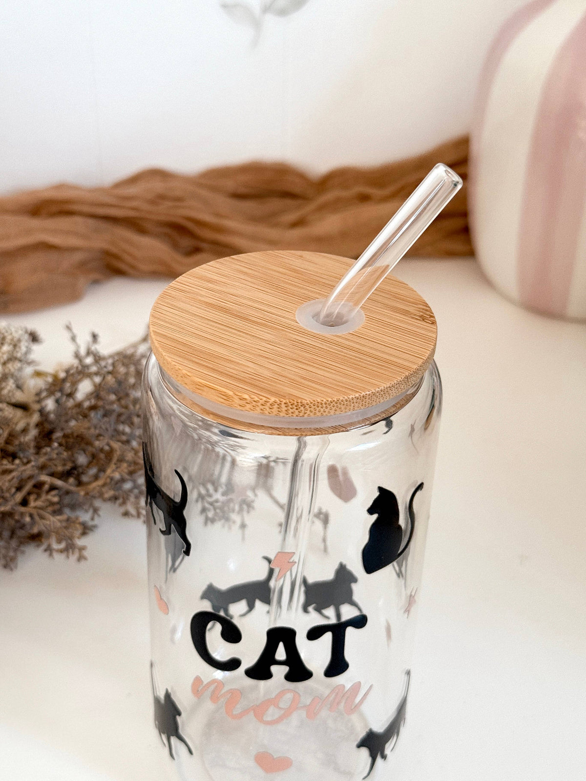 Cat Mom Glass Tumbler with Bamboo Lid & Glass Straw 4