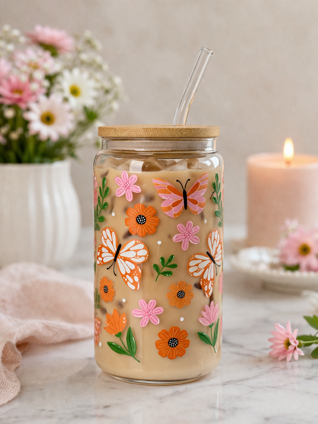 Butterfly Garden Glass Tumbler Double Sided Print with Lid and Straw