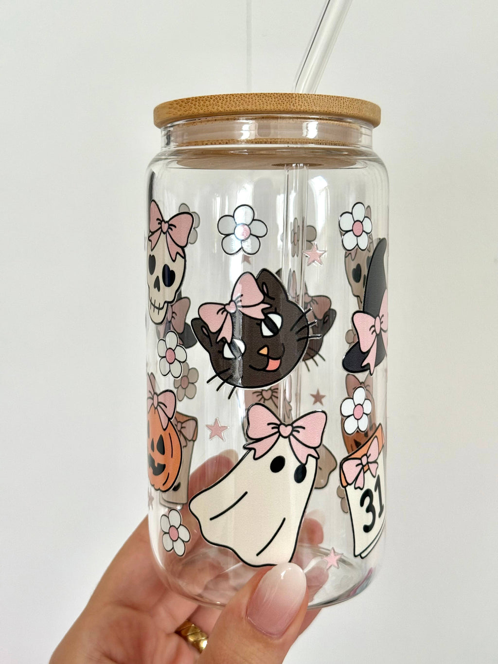Cat & Ghosts Halloween Glass Cup Double-sided + Lid & Straw 2