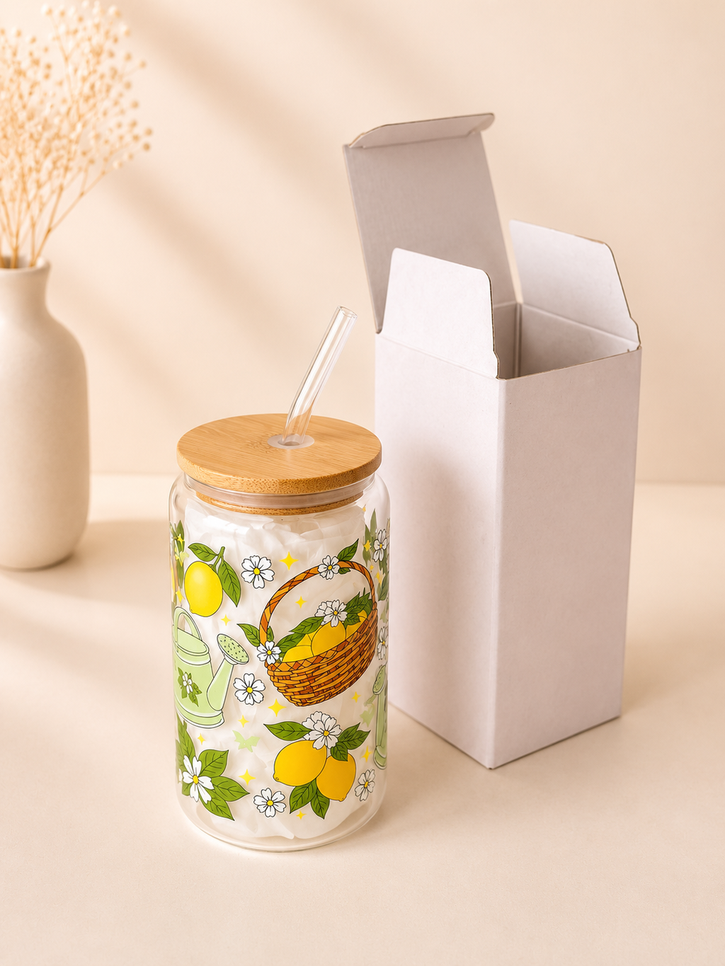 Lemon Garden Double Sided Glass Tumbler with Lid and Straw 2