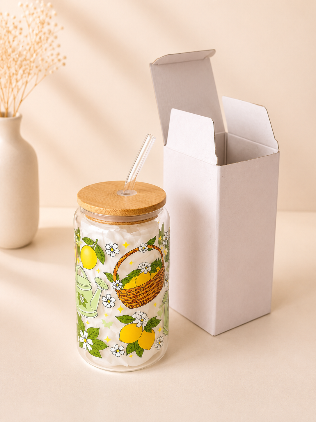 Lemon Garden Double Sided Glass Tumbler with Lid and Straw 2