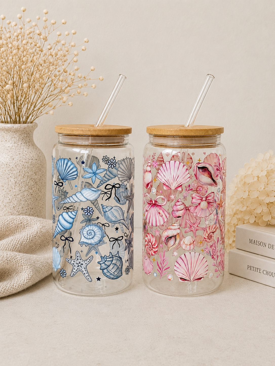 Sea Life (2 colours) Glass Tumbler with Lid and Straw
