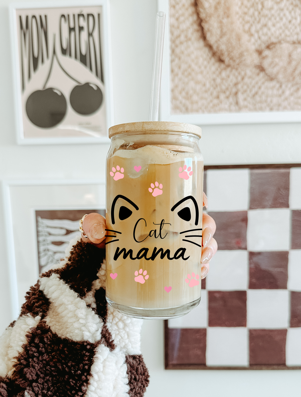 Cat Mama Glass Tumbler with Bamboo Lid & Glass Straw