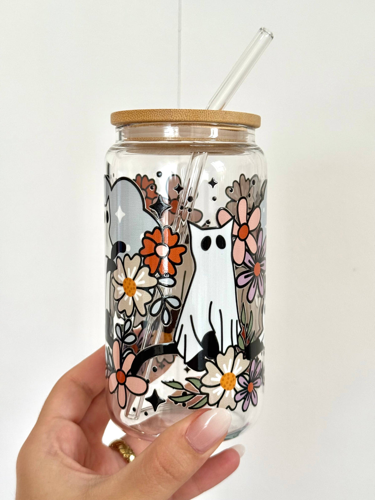Floral Cat Ghosts Halloween Glass Tumbler Lid & Straw / Fall 3