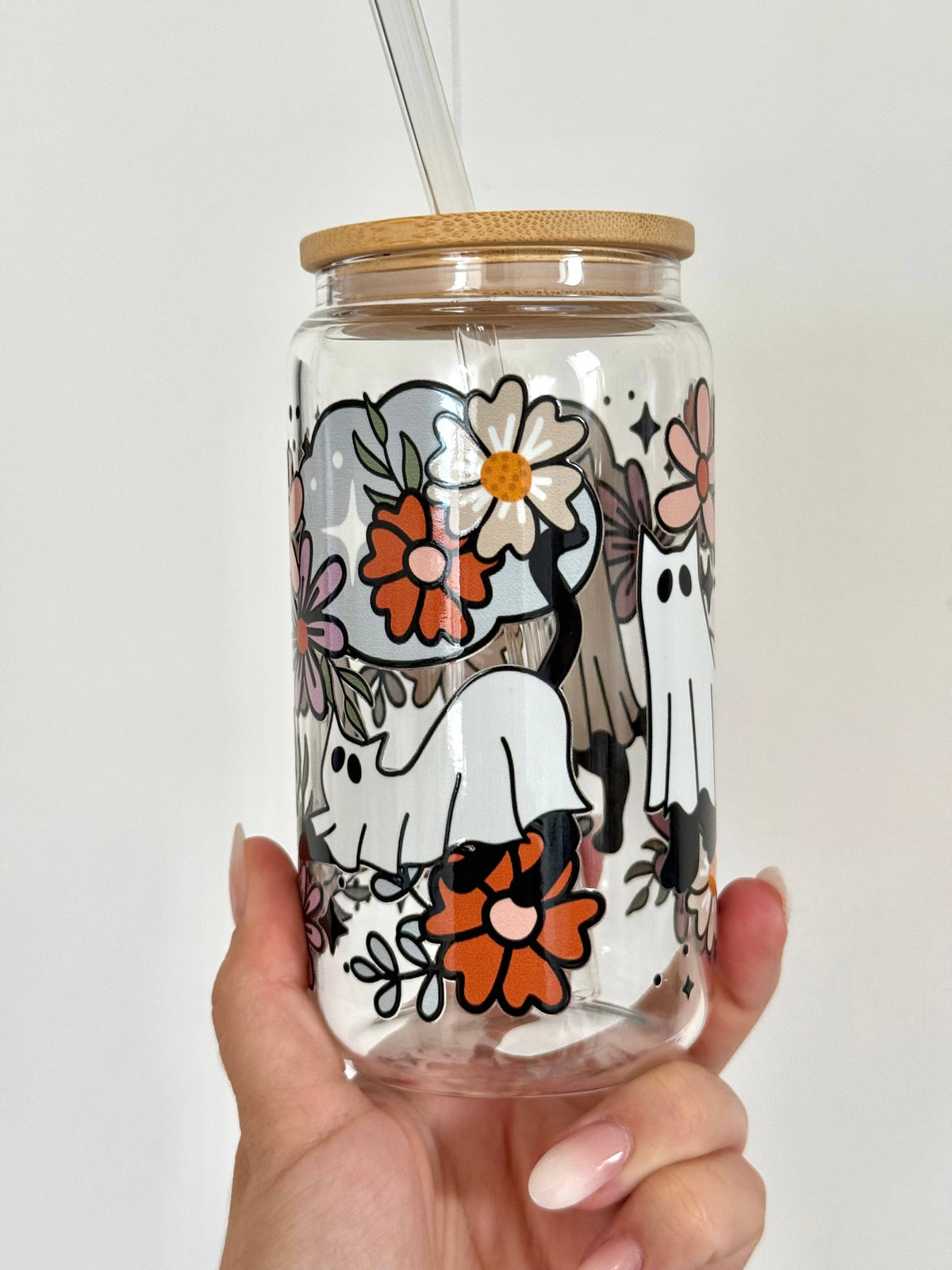 Floral Cat Ghosts Halloween Glass Tumbler Lid & Straw / Fall 5